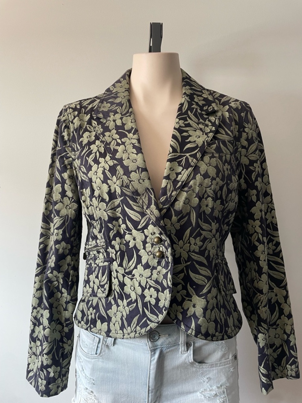 Nic + Zoe 100% Cotton Floral Blazer Jacket Green Botanical Size Medium